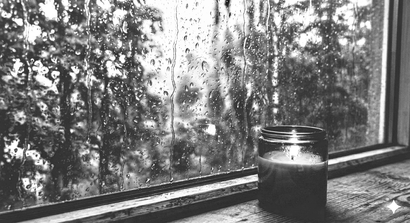 A lit candle on a windowsill, rain streaking the glass